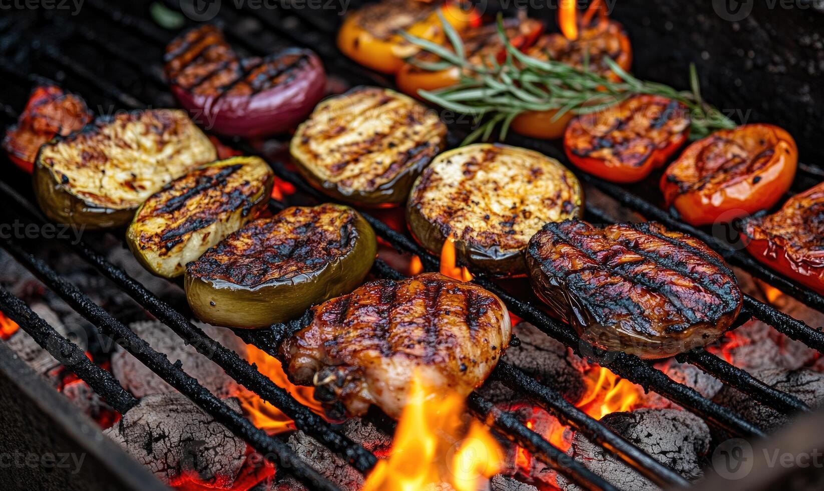 Vegetables and meat skewers above glowing embers photo