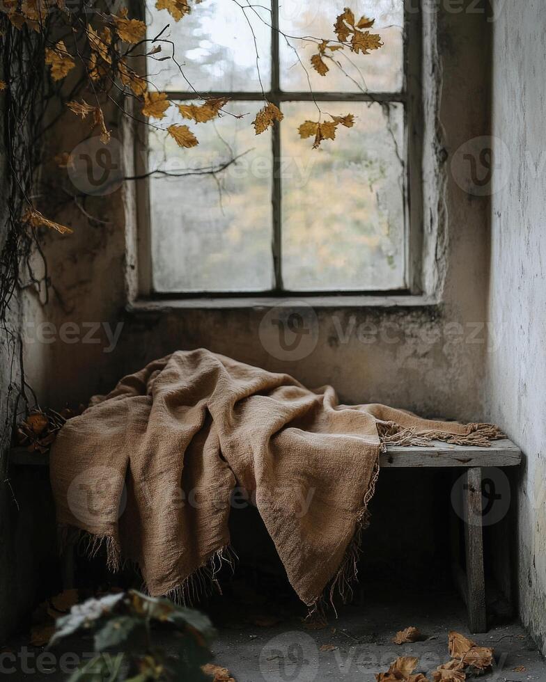 Warm, soft blanket, deep earthy tones, draped across a bench photo