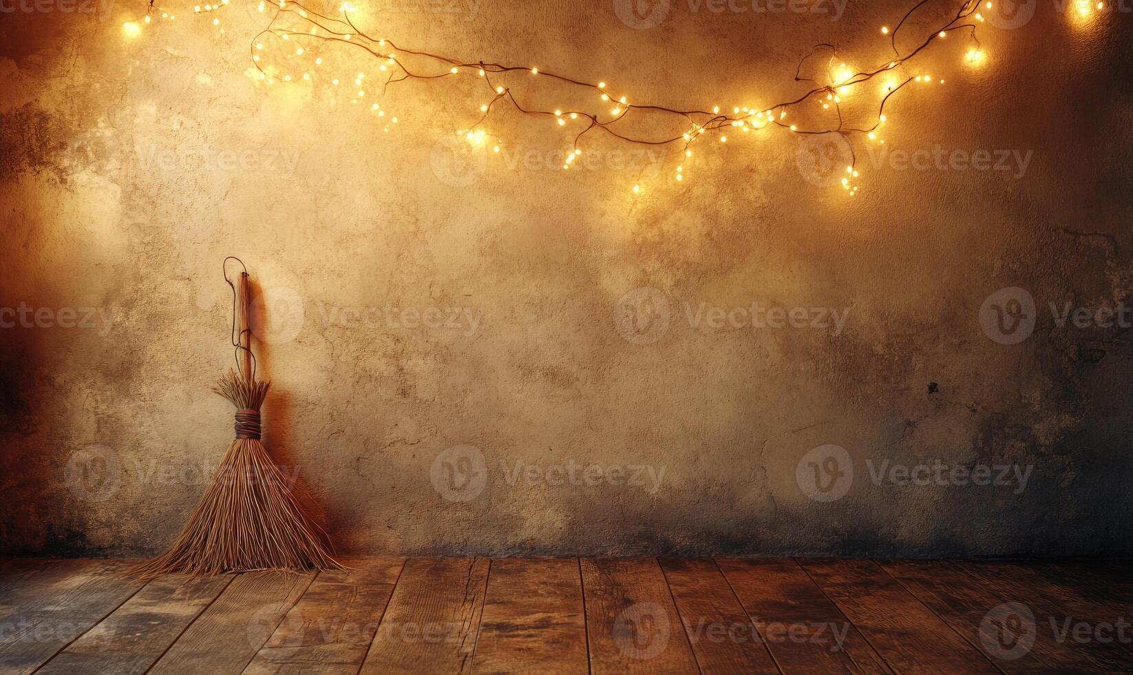 Witch's broom adorned with glowing garlands photo