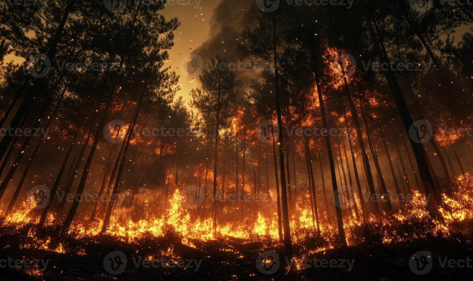 Raging fire spreading through a dense forest, flames climbing high into the treetops photo