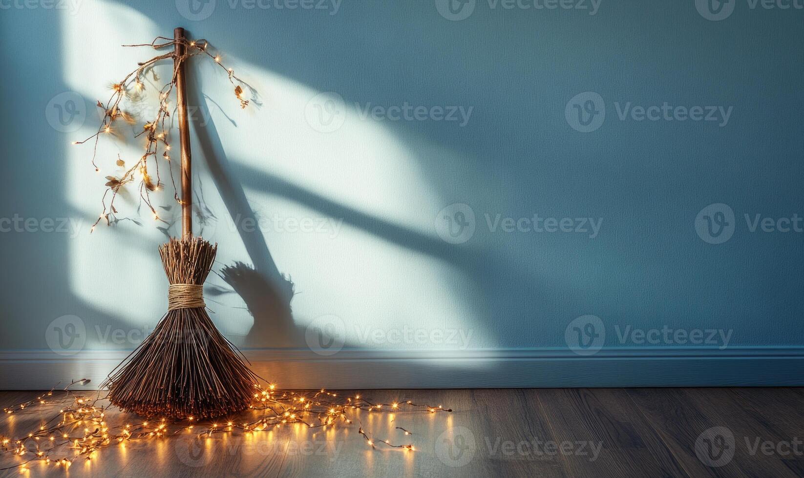 Witch's broom adorned with glowing garlands photo