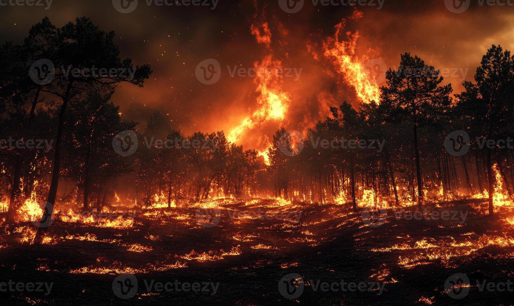 Raging fire spreading through a dense forest, flames climbing high into the treetops photo