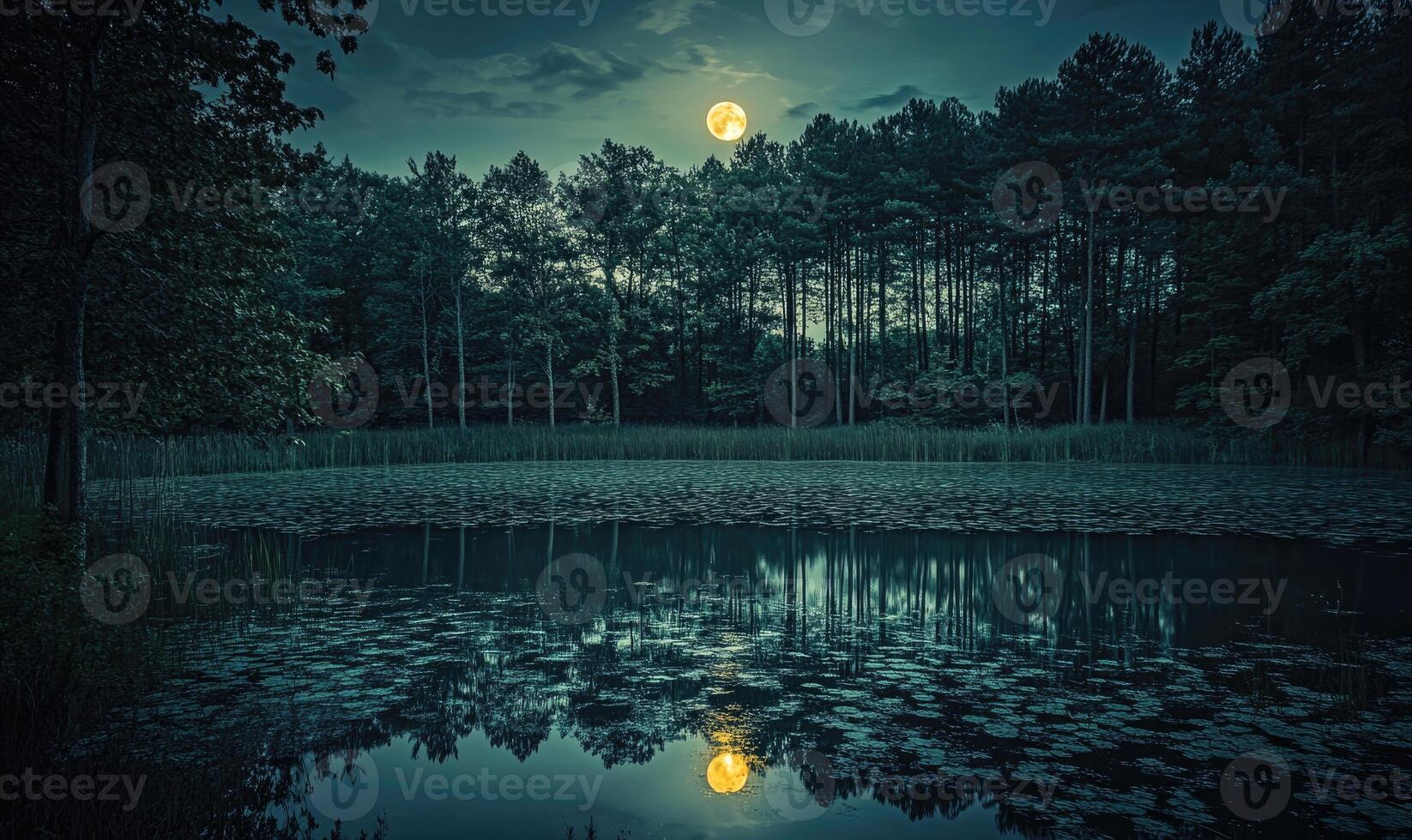 Still pond reflecting the full moon, surrounded by tall trees photo