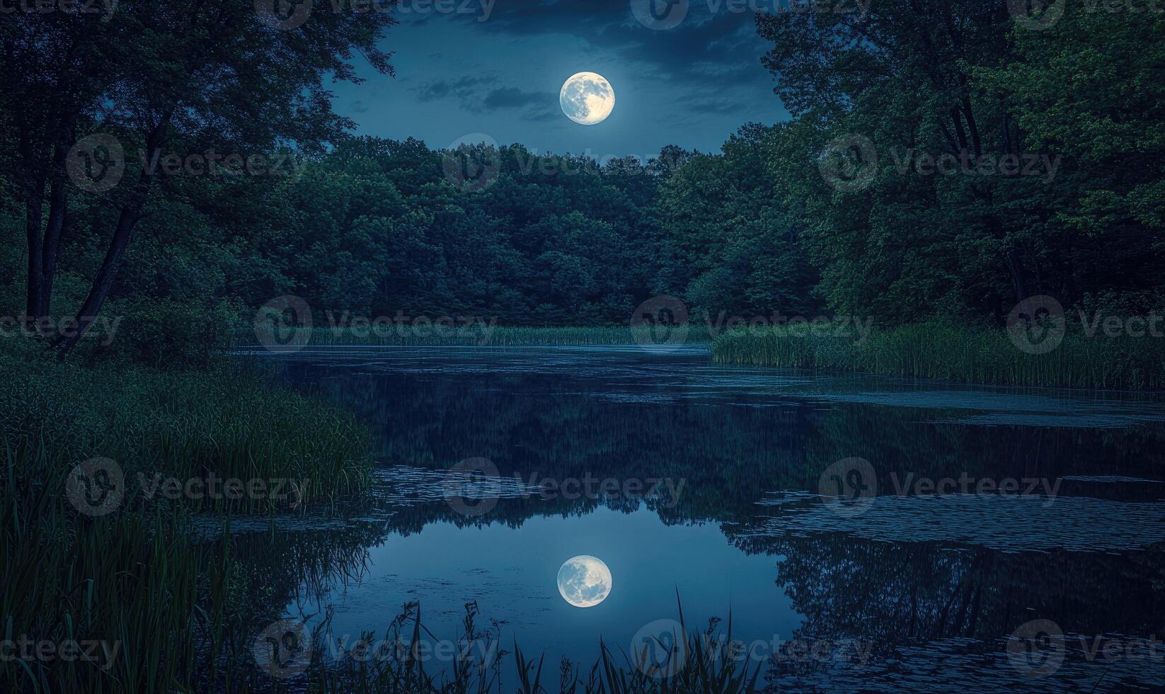 Still pond reflecting the full moon, surrounded by tall trees photo