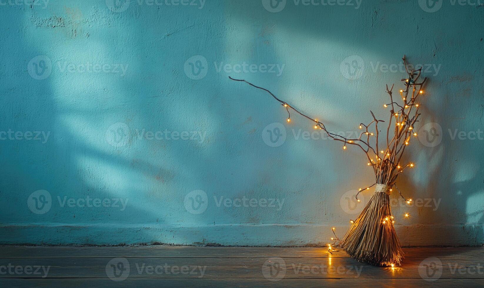 Witch's broom adorned with glowing garlands photo