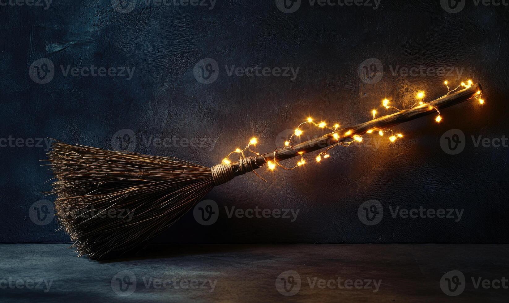 Witch's broom adorned with glowing garlands photo