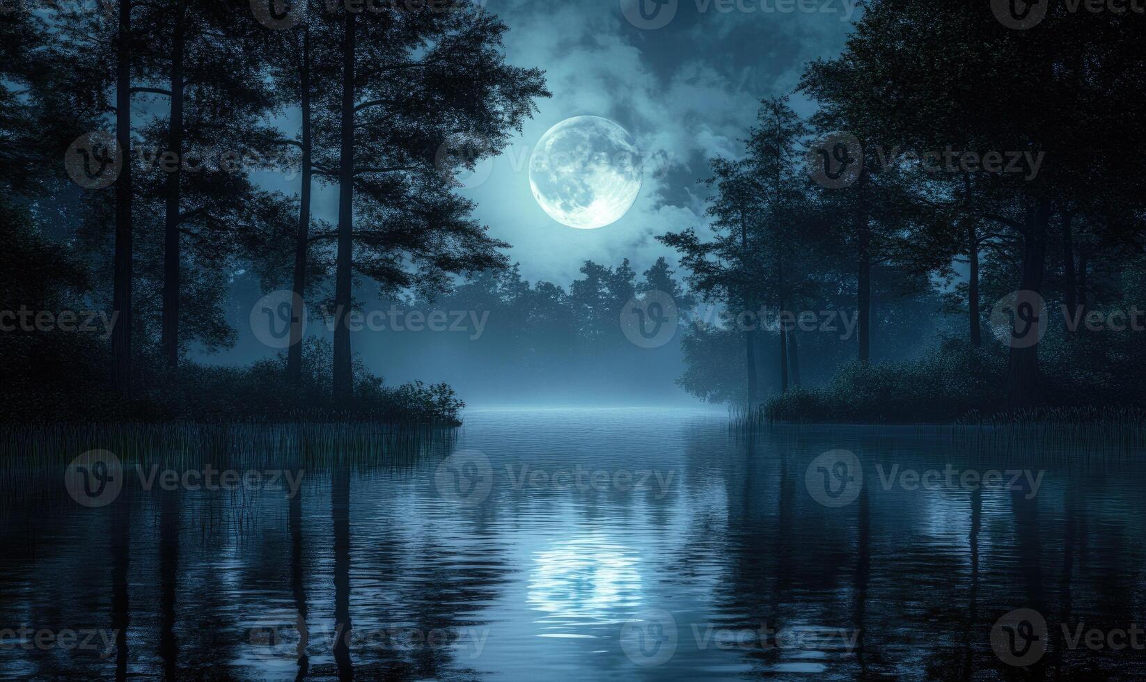 Still pond reflecting the full moon, surrounded by tall trees photo