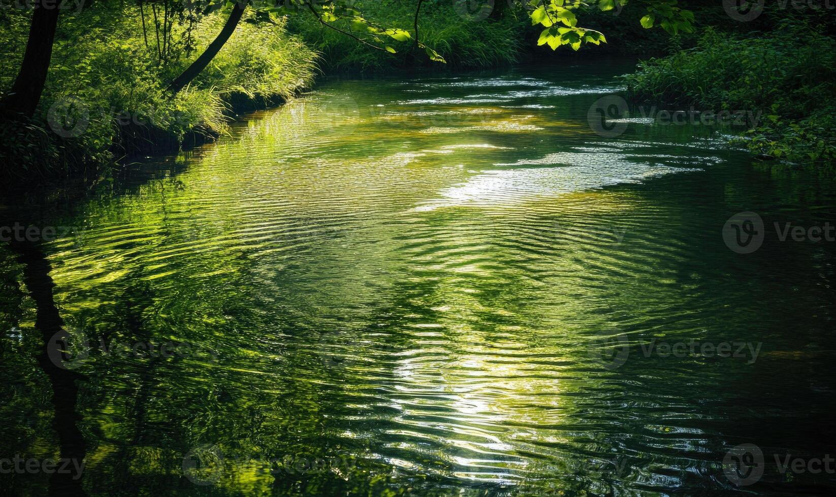 A body of water with a reflection of the sky and trees photo