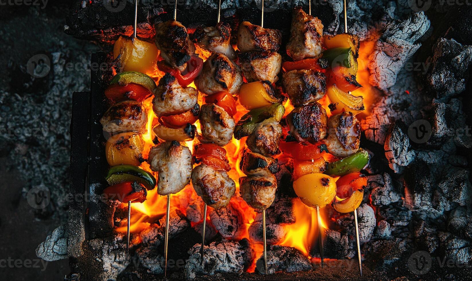 Vegetables and meat skewers above glowing embers photo