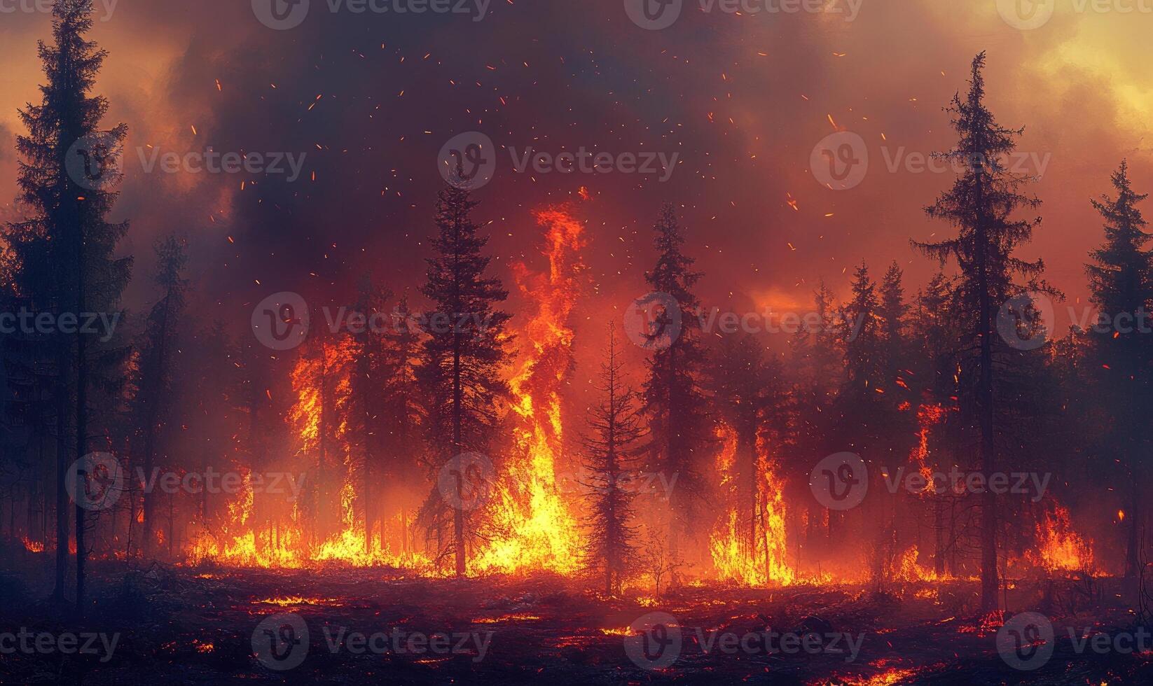 Raging fire spreading through a dense forest, flames climbing high into the treetops photo