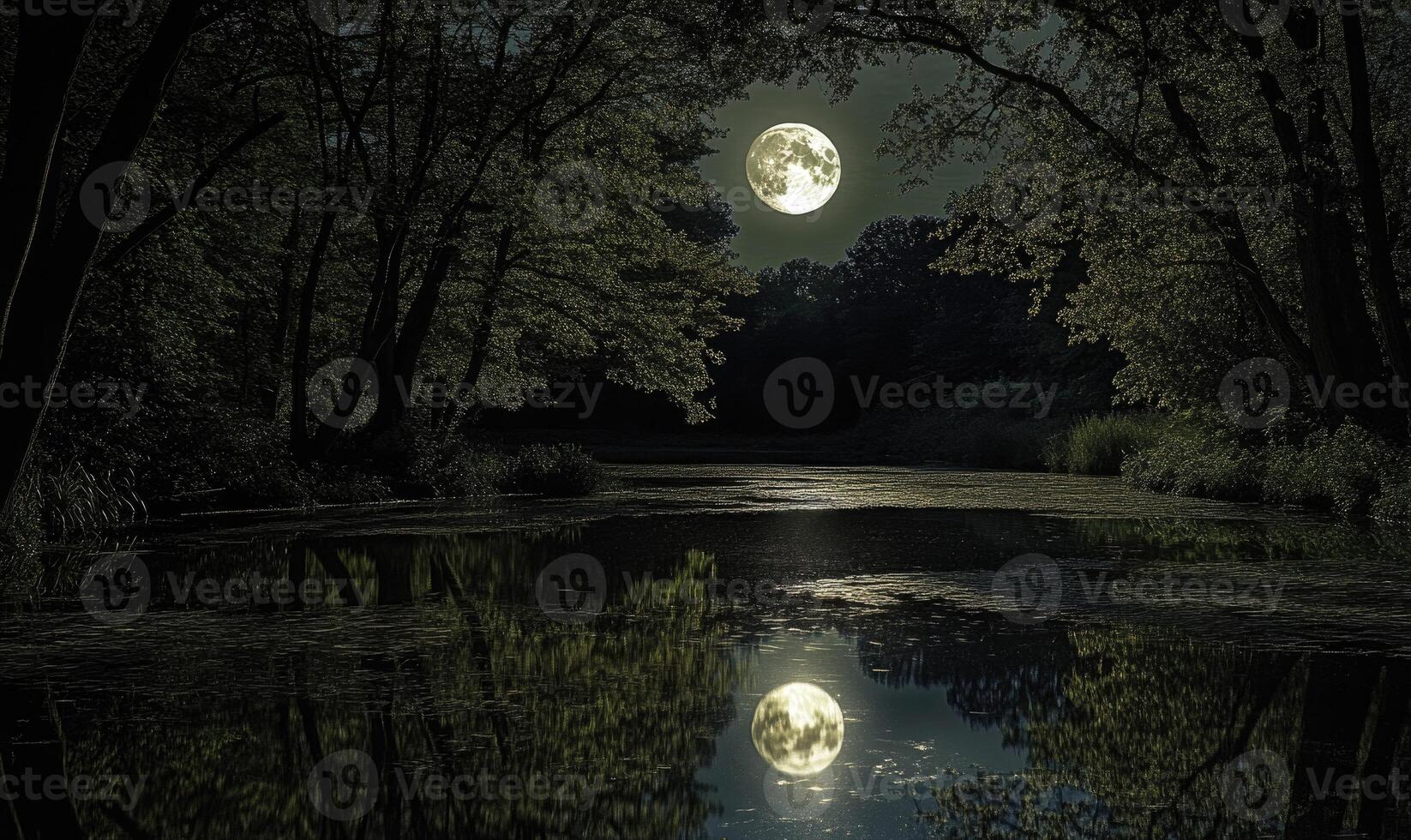 Still pond reflecting the full moon, surrounded by tall trees photo
