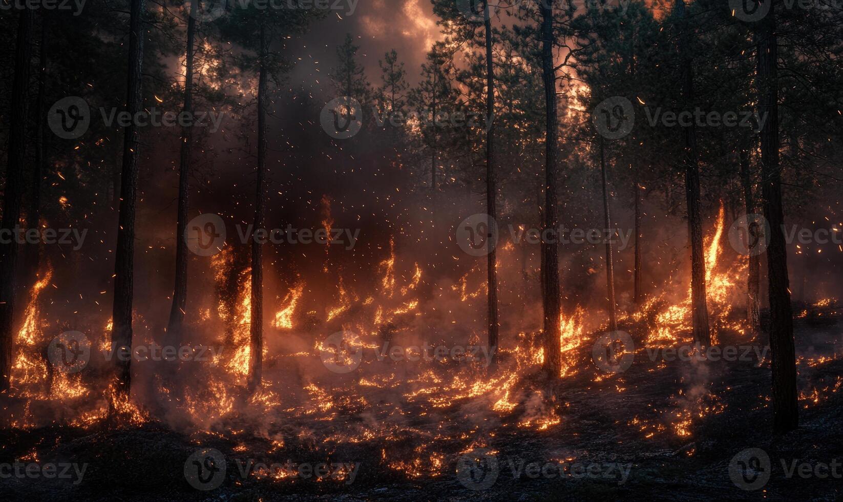 Raging fire spreading through a dense forest, flames climbing high into the treetops photo