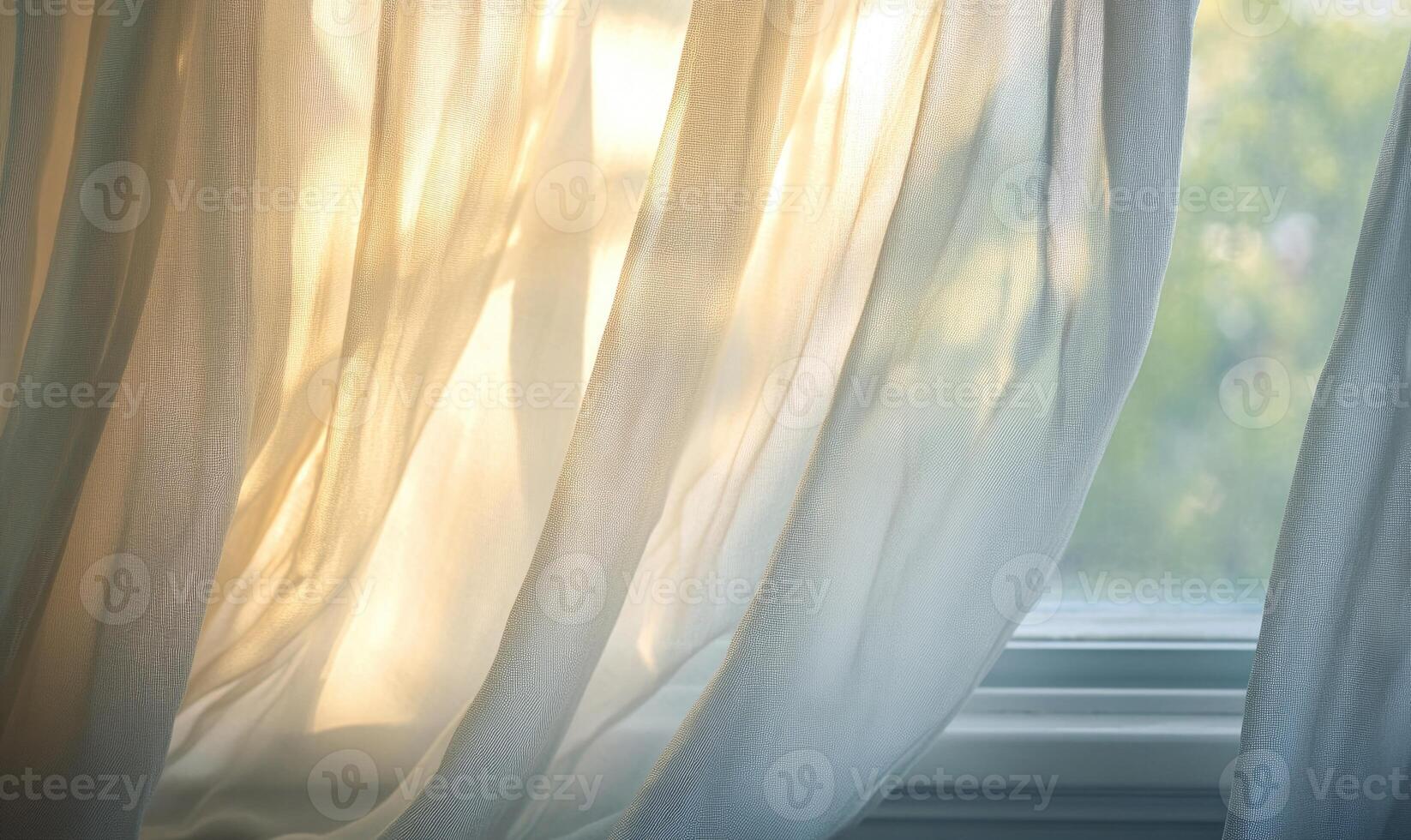 Soft, semi-transparent curtains, lightly billowing in the morning sun photo