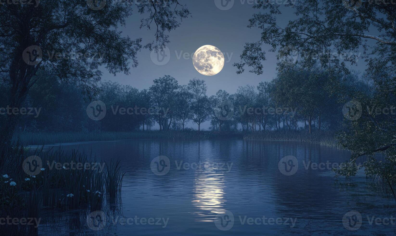Still pond reflecting the full moon, surrounded by tall trees photo