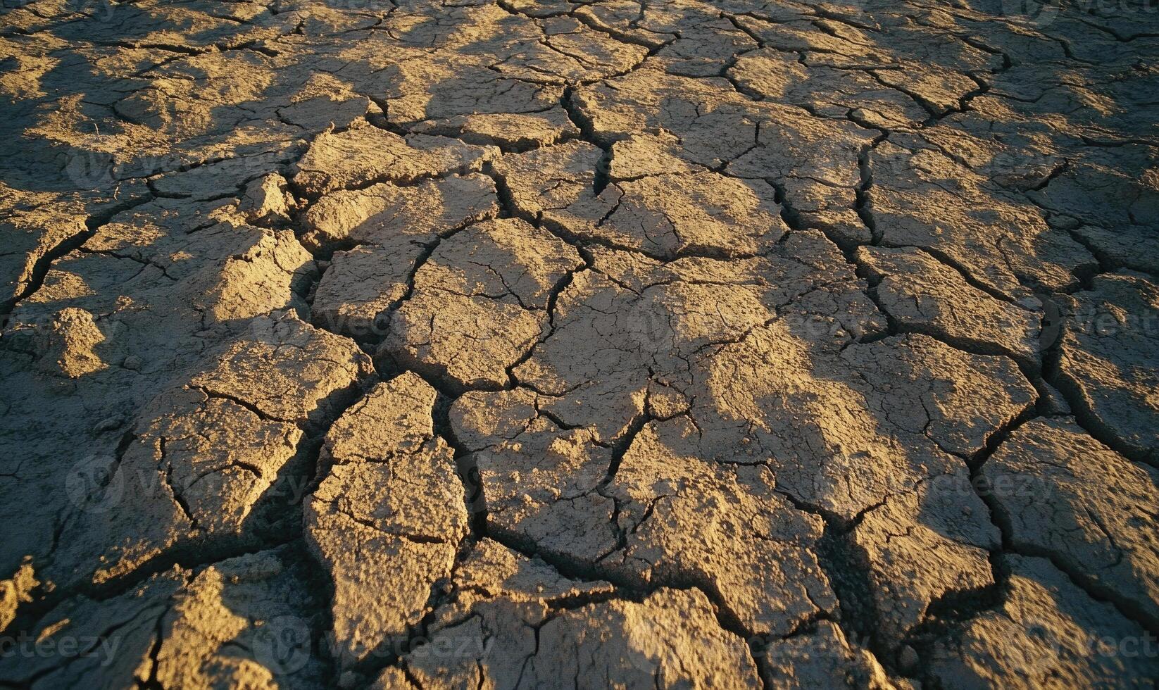 Parched earth with deep cracks, dry and barren photo