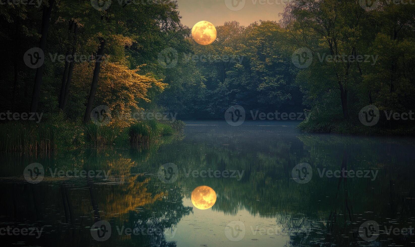 Still pond reflecting the full moon, surrounded by tall trees photo