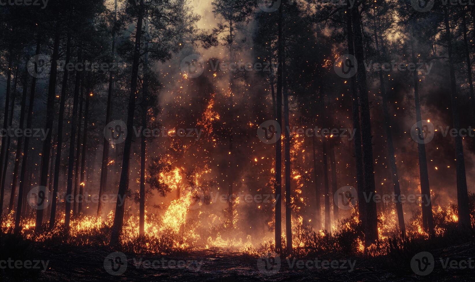 Raging fire spreading through a dense forest, flames climbing high into the treetops photo
