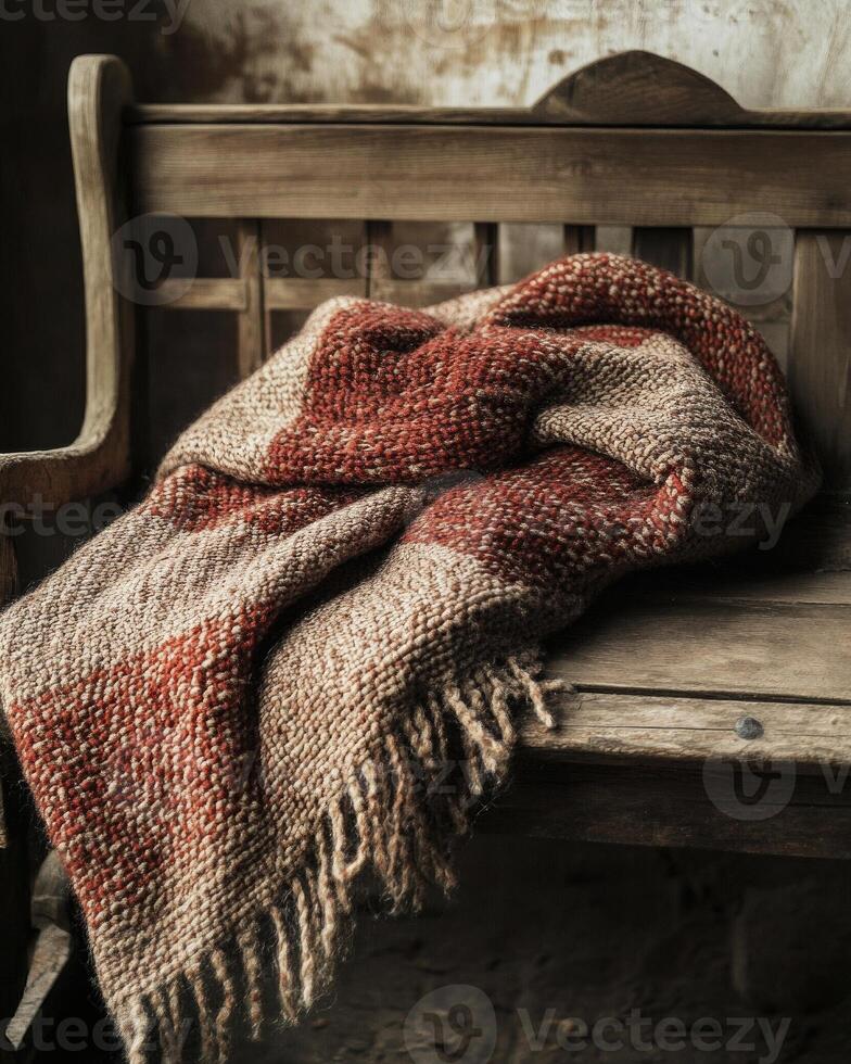 Warm, soft blanket, deep earthy tones, draped across a bench photo