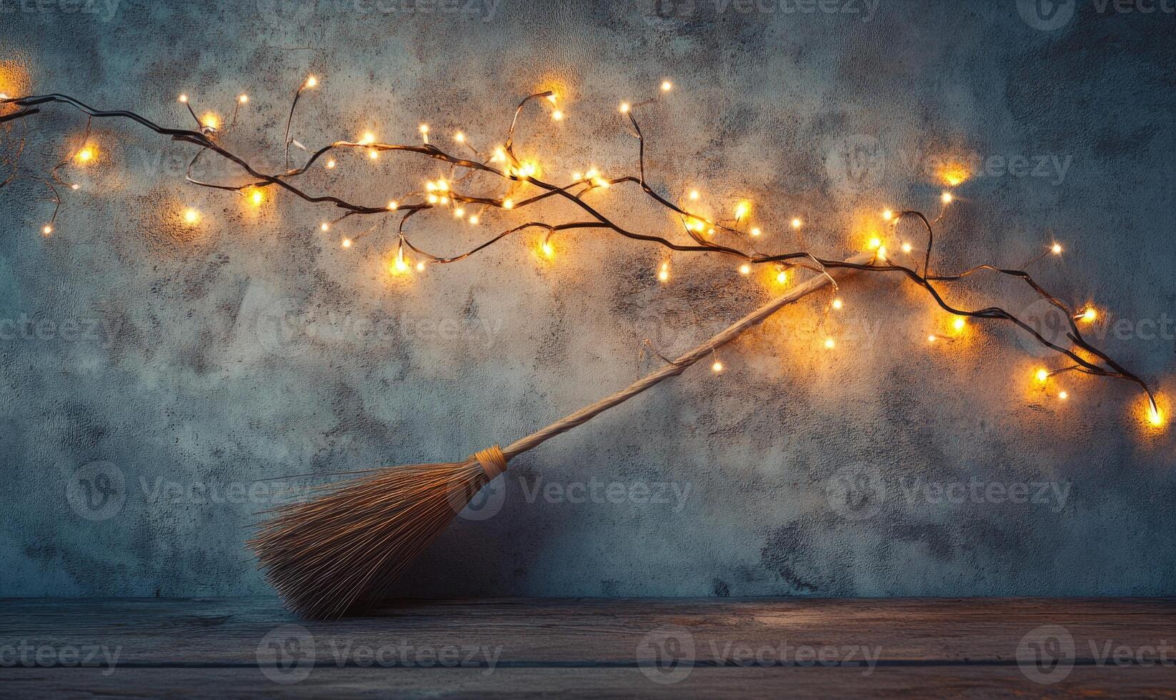 Witch's broom adorned with glowing garlands photo