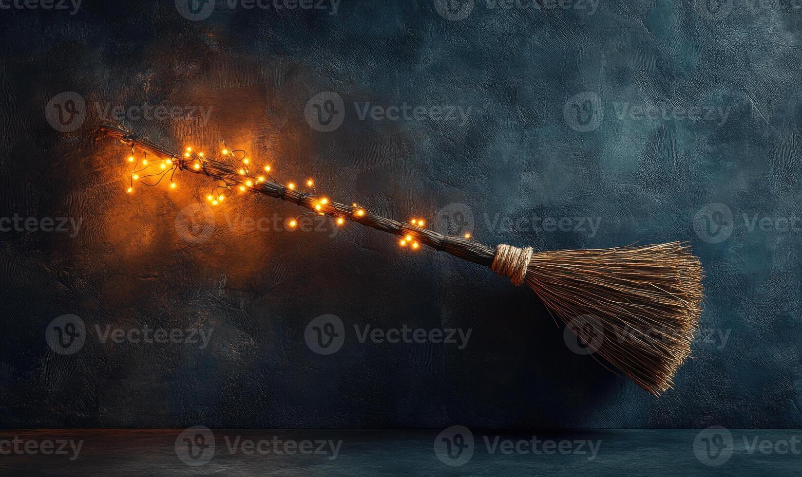 Witch's broom adorned with glowing garlands photo