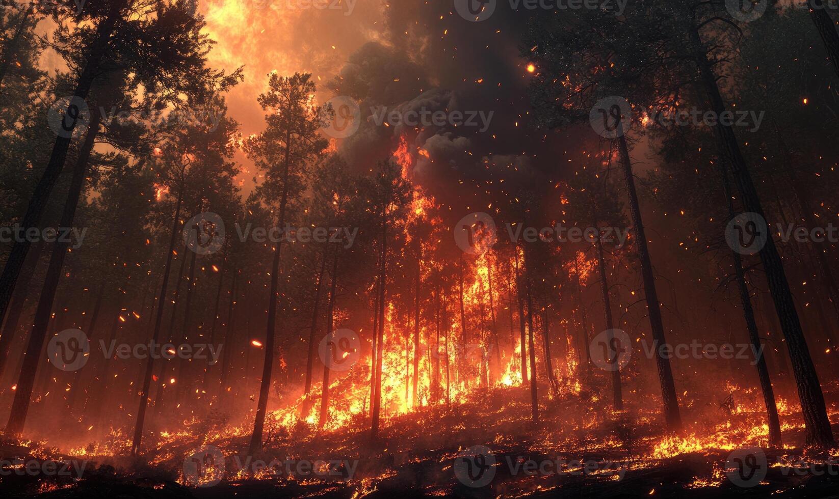 Raging fire spreading through a dense forest, flames climbing high into the treetops photo