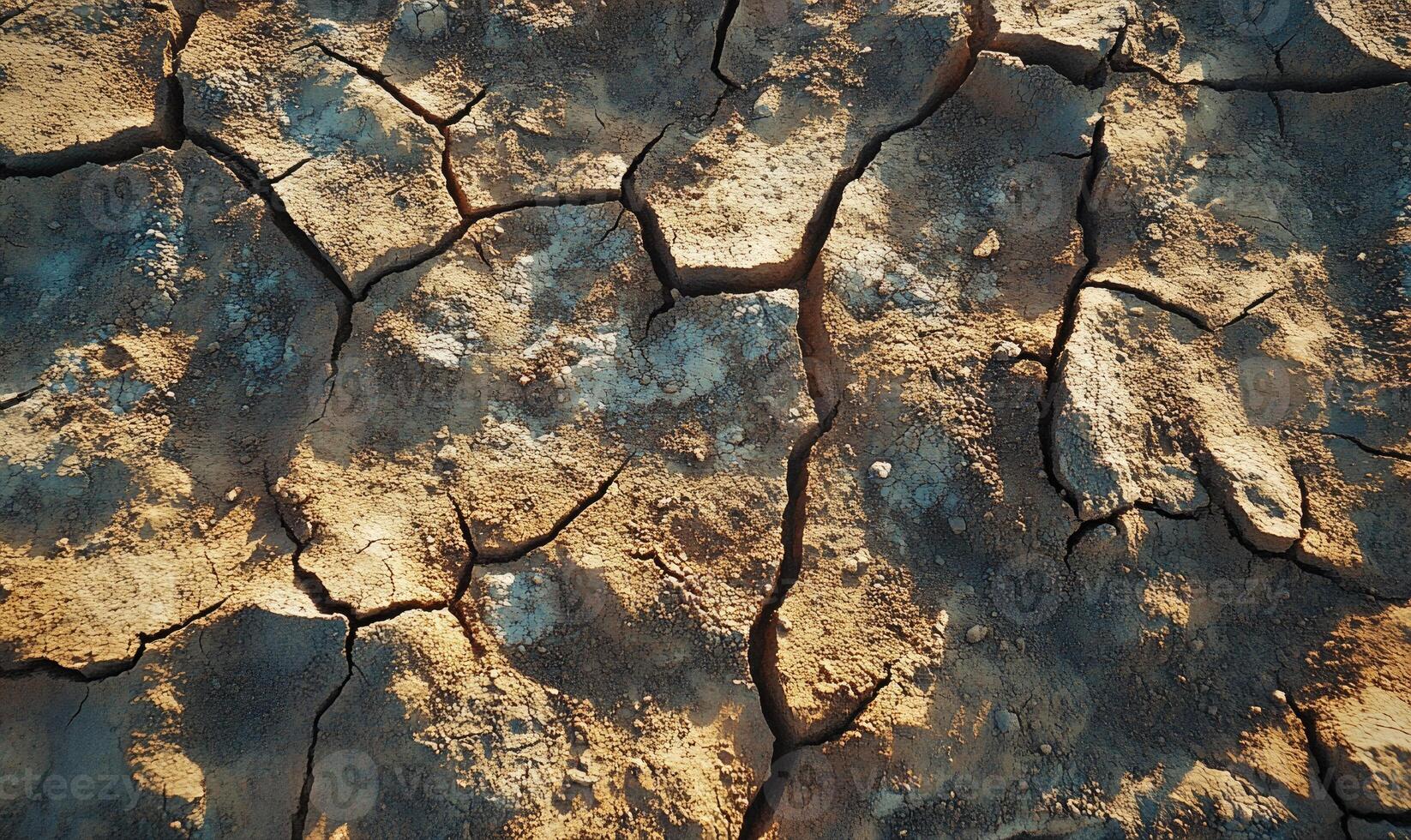 Parched earth with deep cracks, dry and barren photo