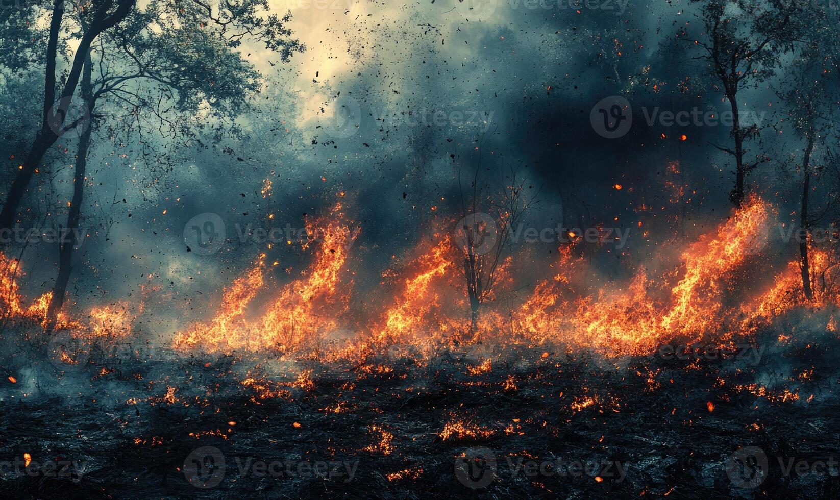 Raging fire spreading through a dense forest, flames climbing high into the treetops photo