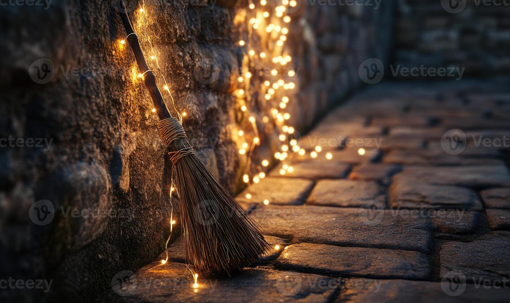 Witch's broom adorned with glowing garlands photo