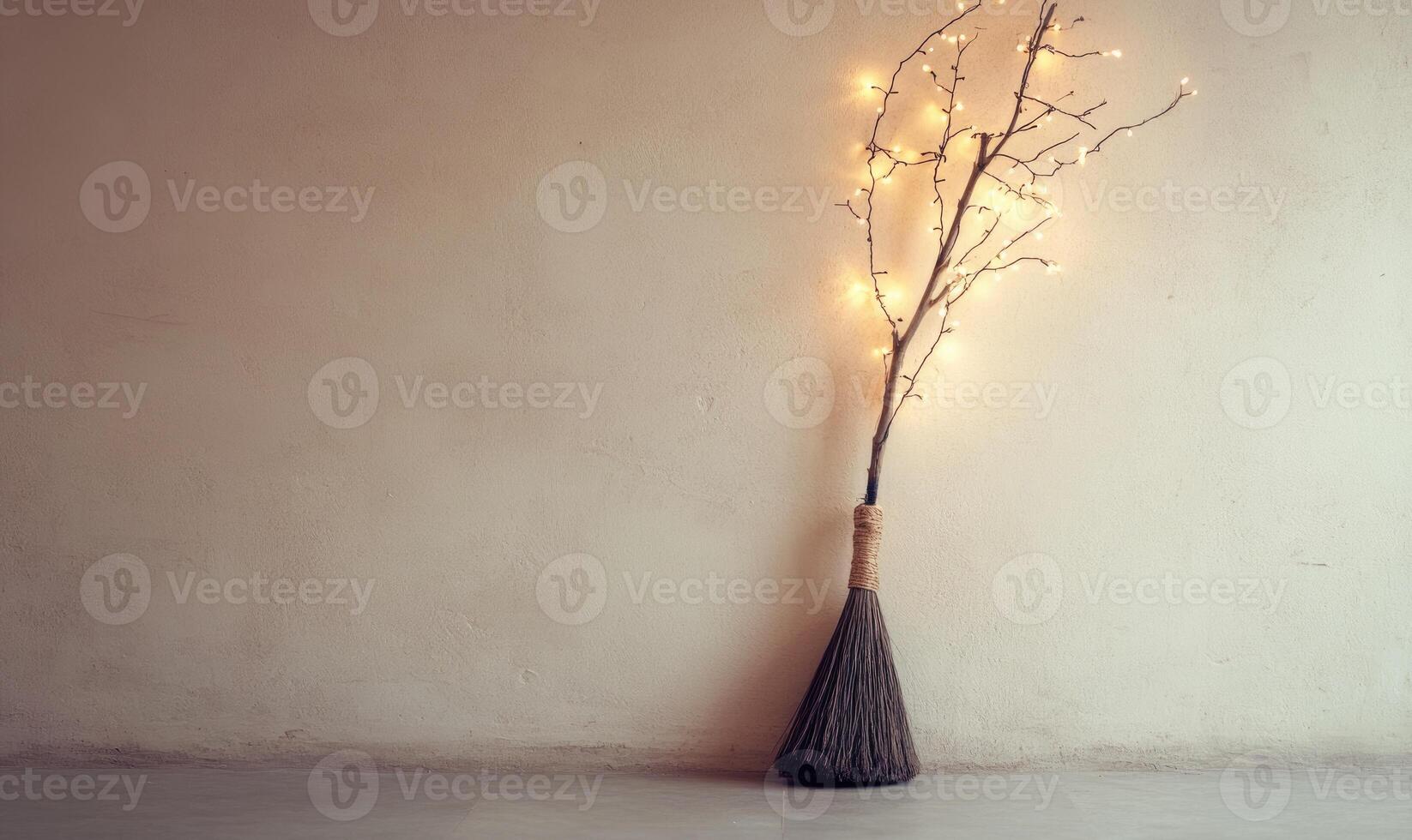 Witch's broom adorned with glowing garlands photo