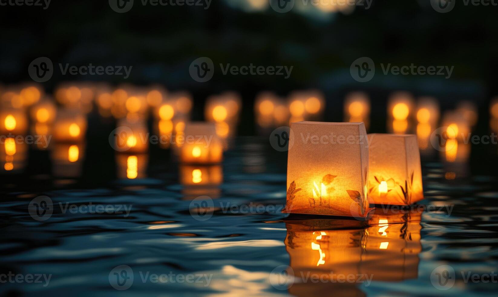 Traditional paper lanterns glowing softly, drifting on a still lake photo