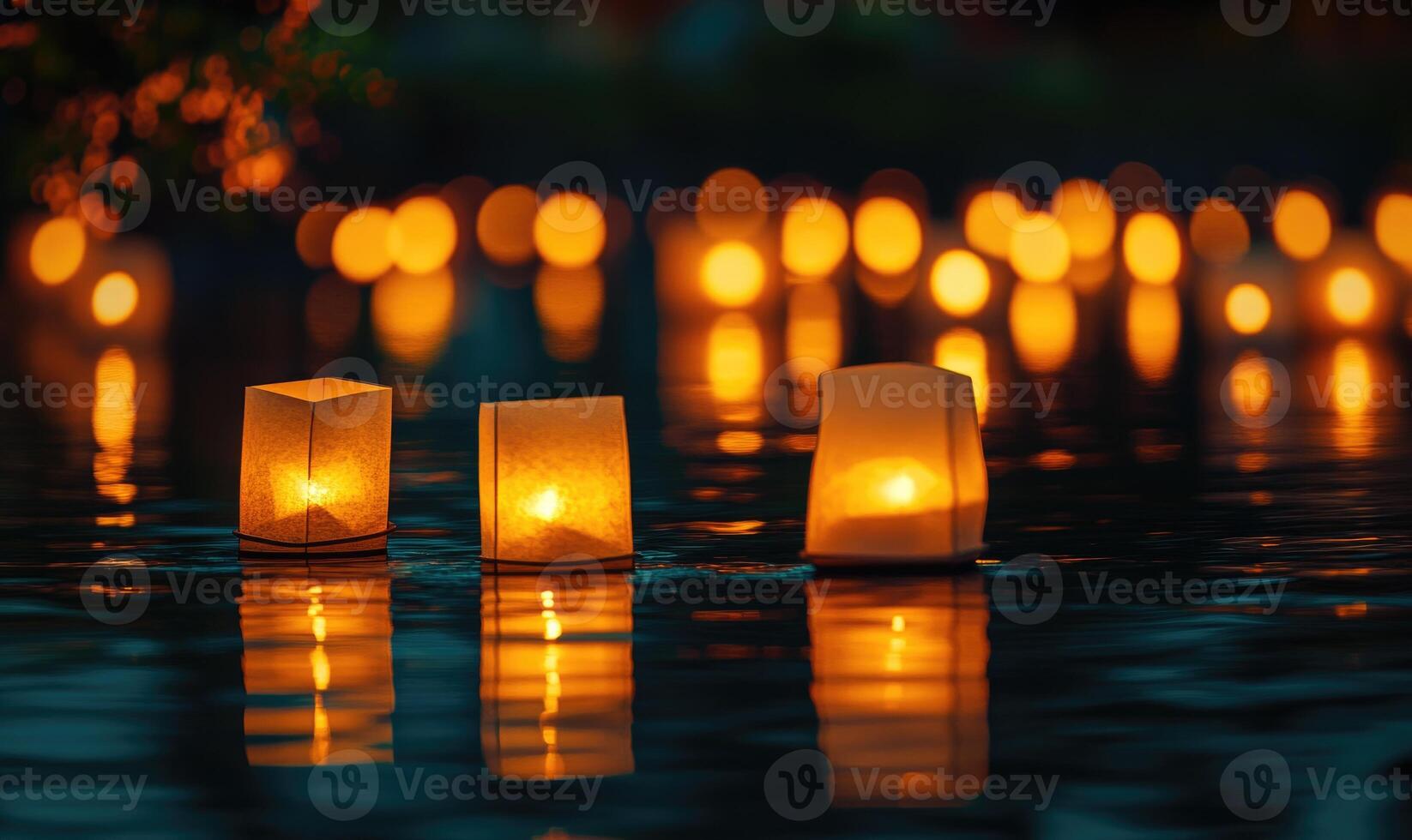 Traditional paper lanterns glowing softly, drifting on a still lake photo