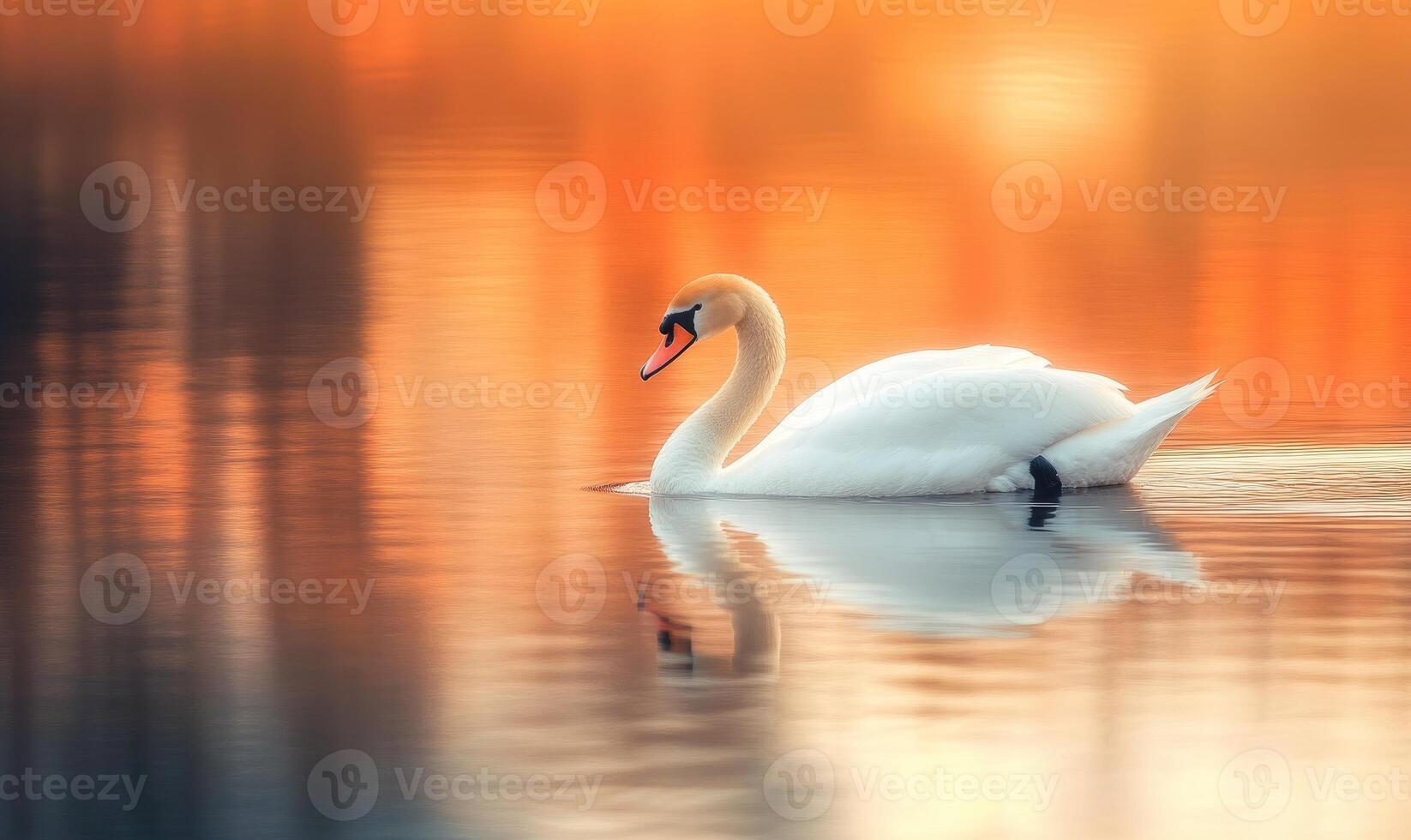 White swan drifting on still water, soft reflections and gentle ripples photo
