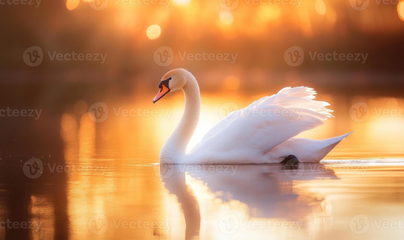 White swan drifting on still water, soft reflections and gentle ripples photo