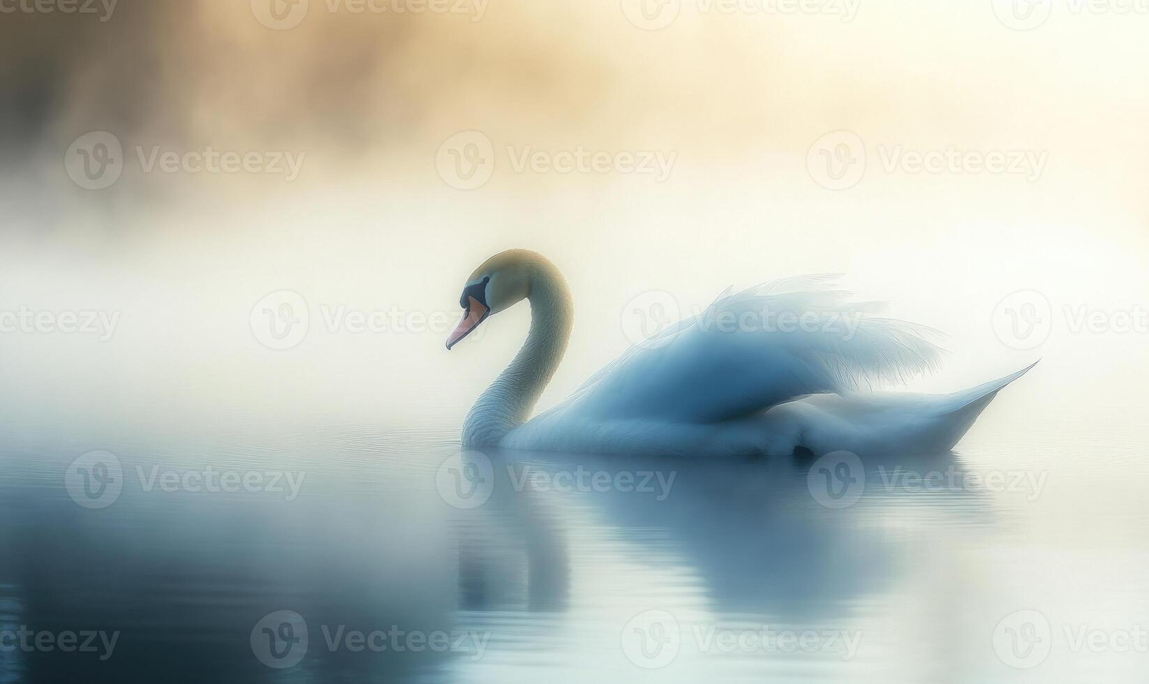 White swan drifting on still water, soft reflections and gentle ripples photo