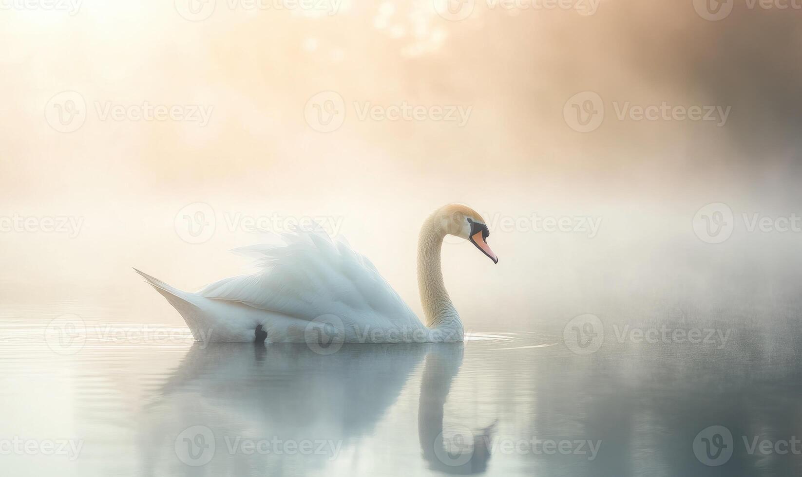 White swan drifting on still water, soft reflections and gentle ripples photo