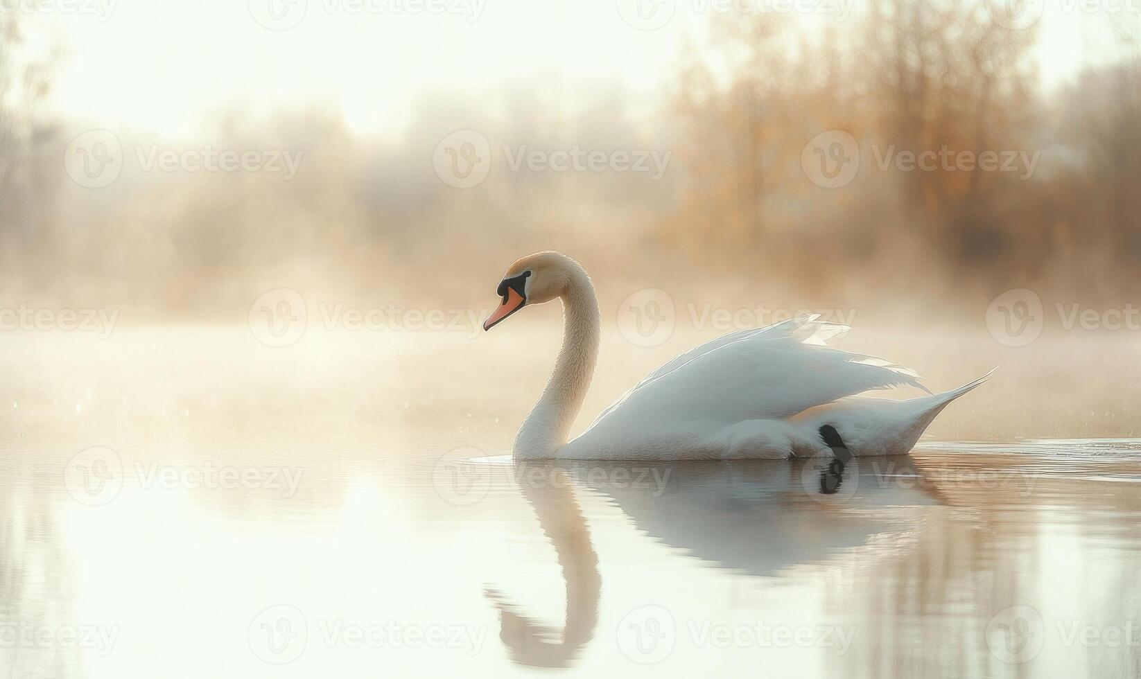 White swan gliding across a reflective pond photo