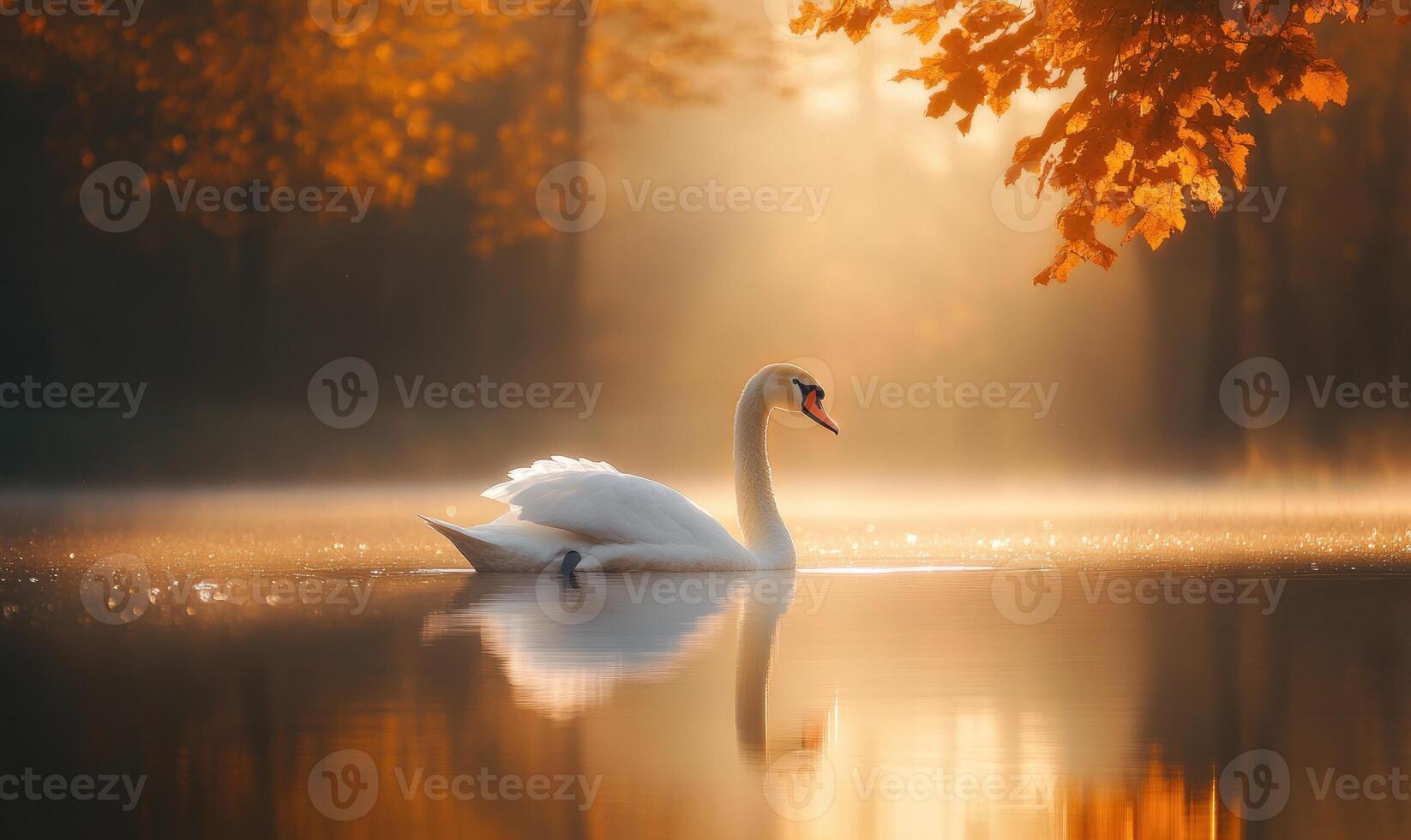 White swan drifting on still water, soft reflections and gentle ripples photo
