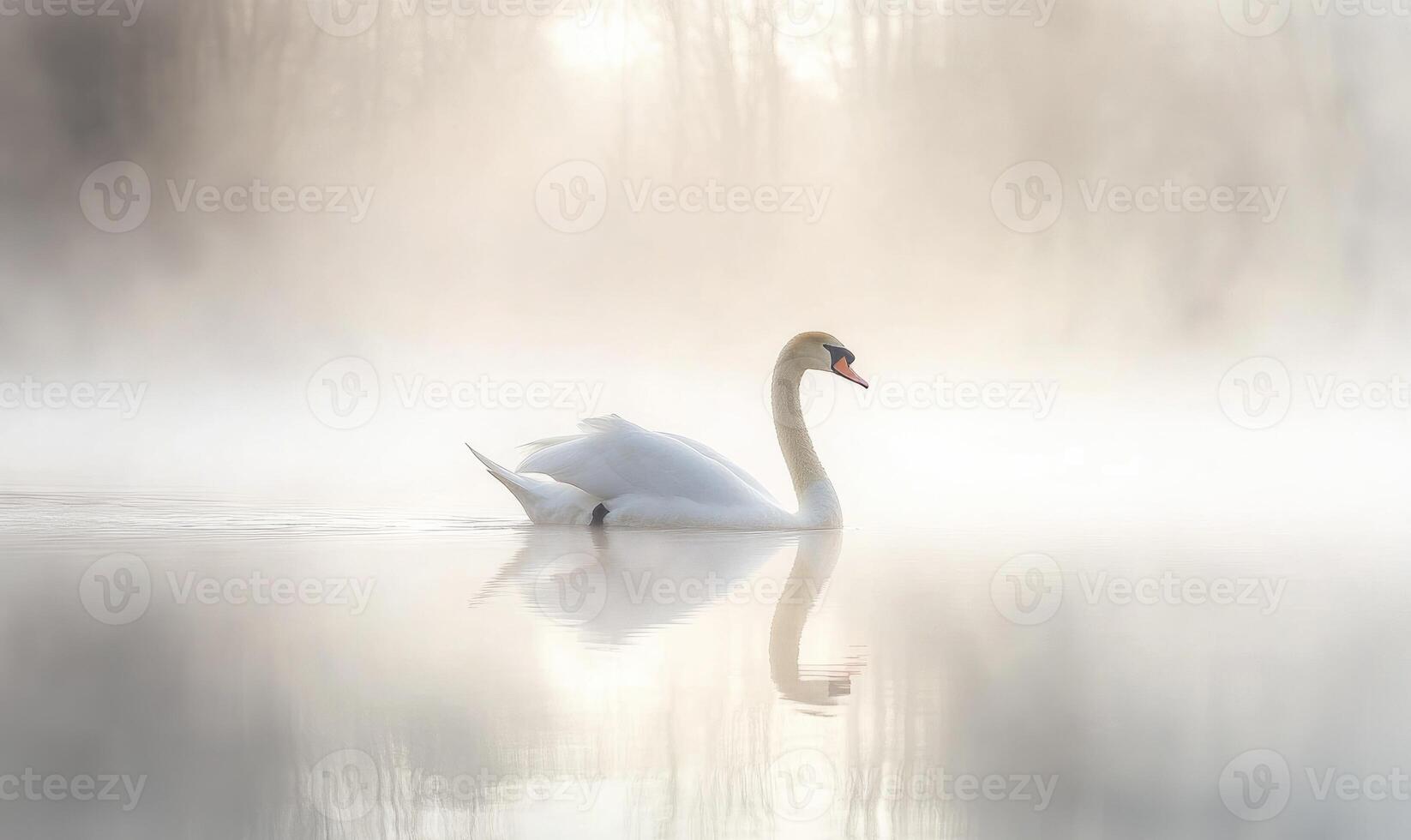 White swan gliding across a reflective pond photo