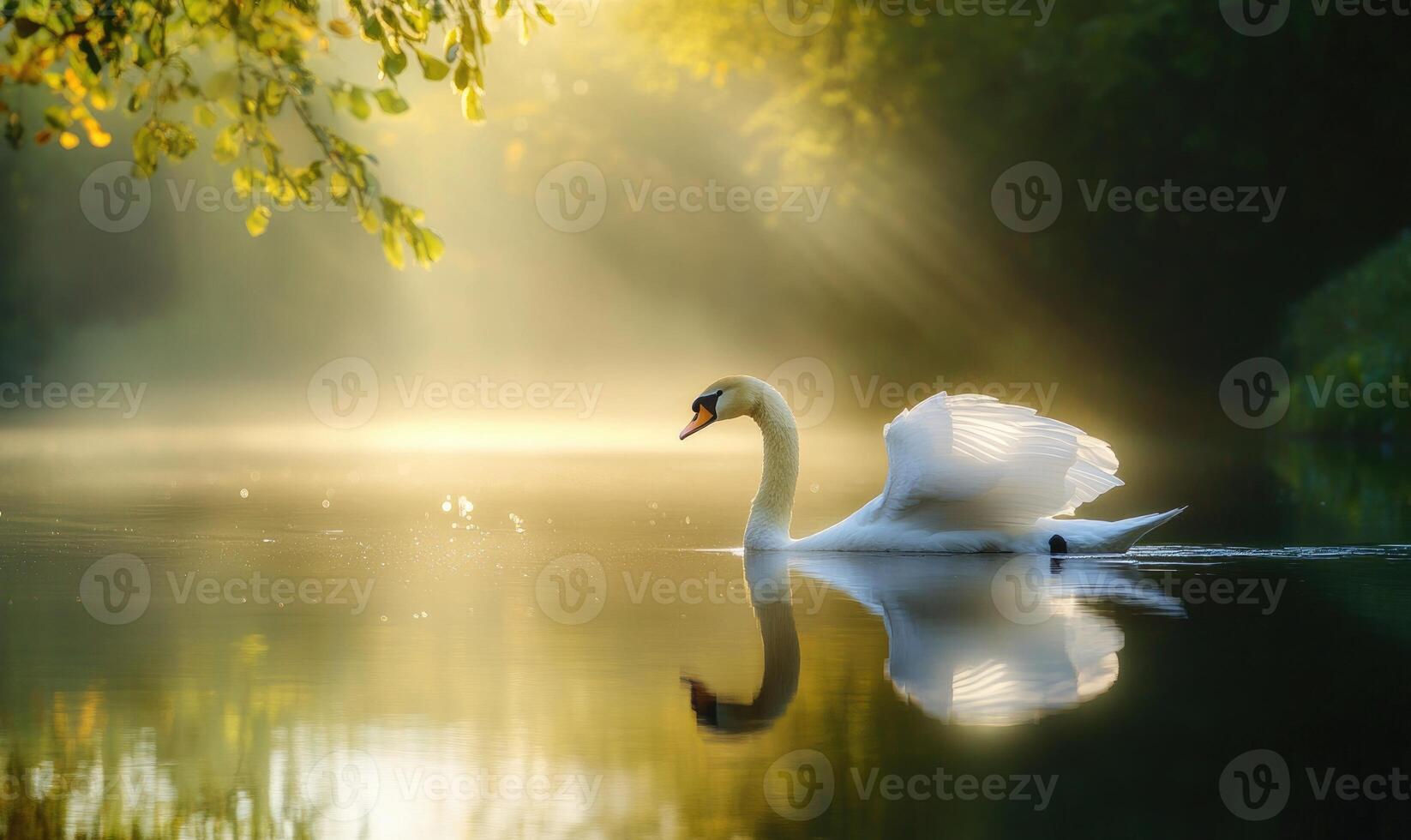 White swan gliding across a reflective pond photo