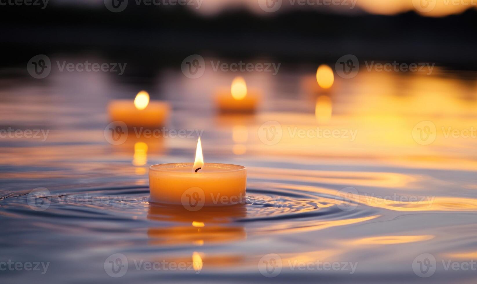 Multiple candles floating gently on a dark lake photo
