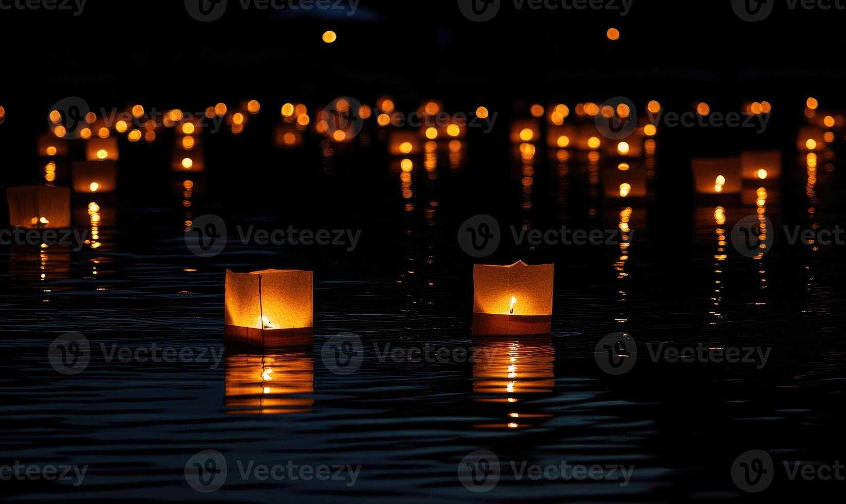 Multiple floating lanterns glowing brightly on a dark river photo