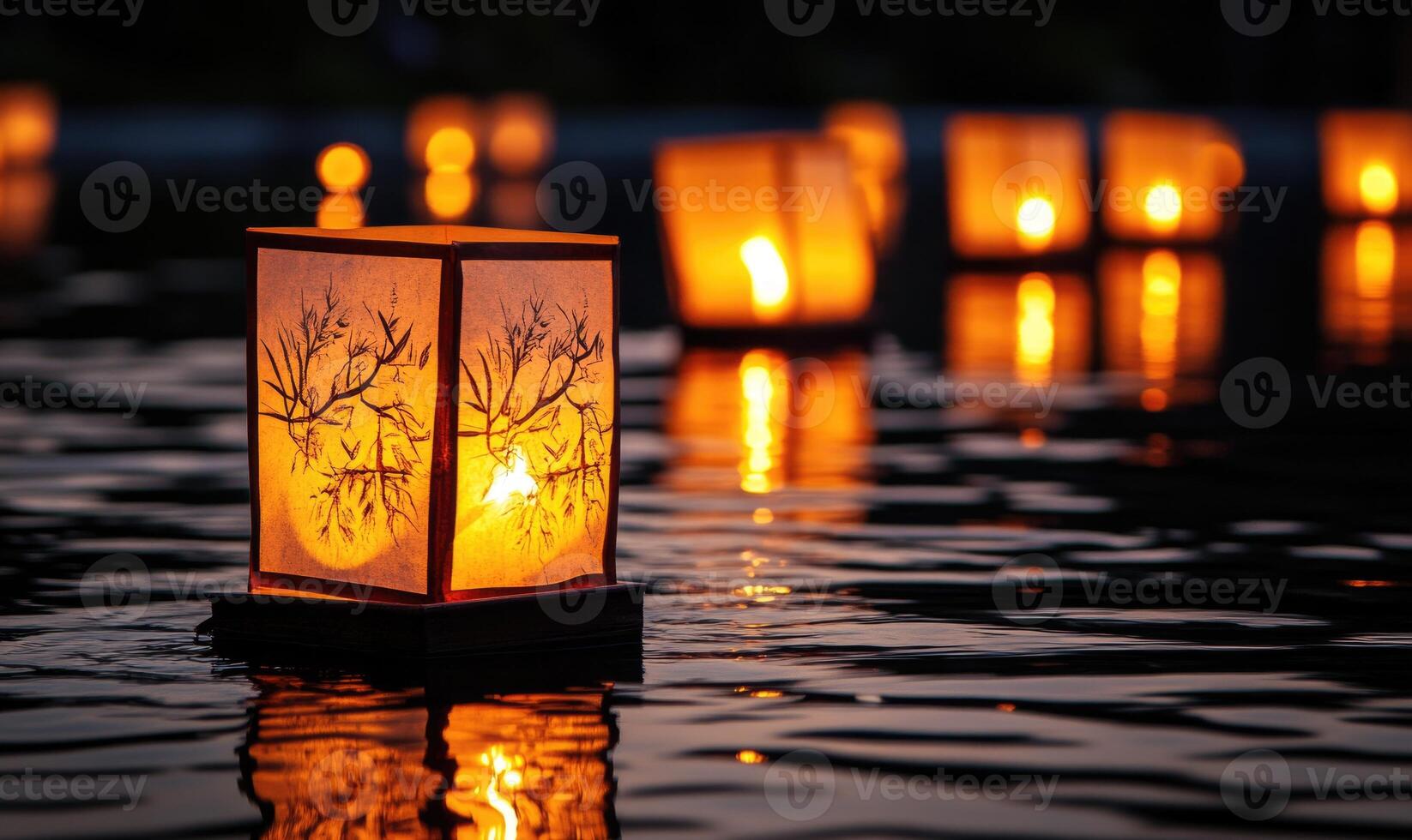 Multiple floating lanterns glowing brightly on a dark river photo