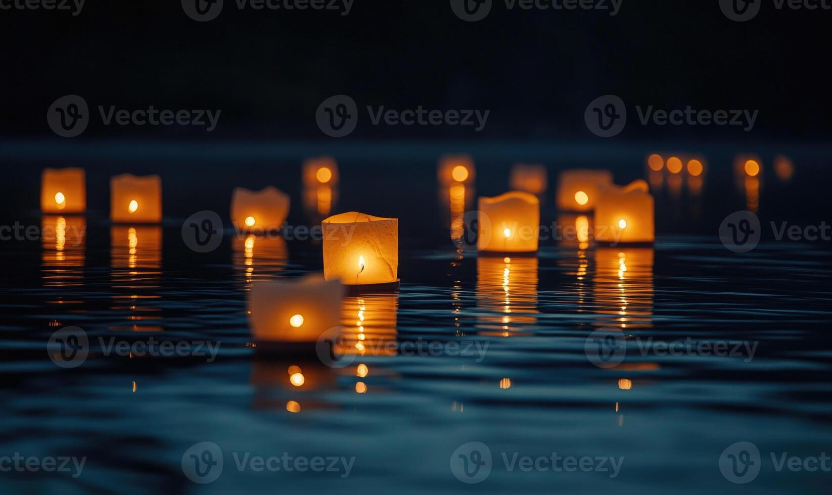 Multiple floating lanterns glowing brightly on a dark river photo