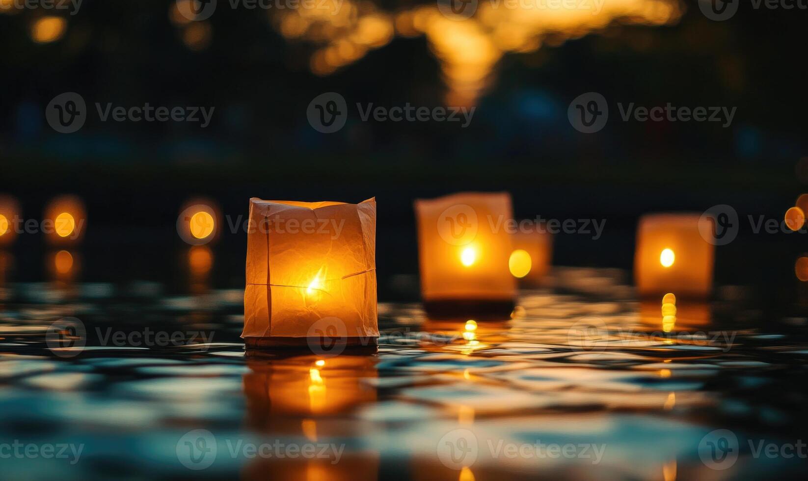 Multiple floating lanterns glowing brightly on a dark river photo