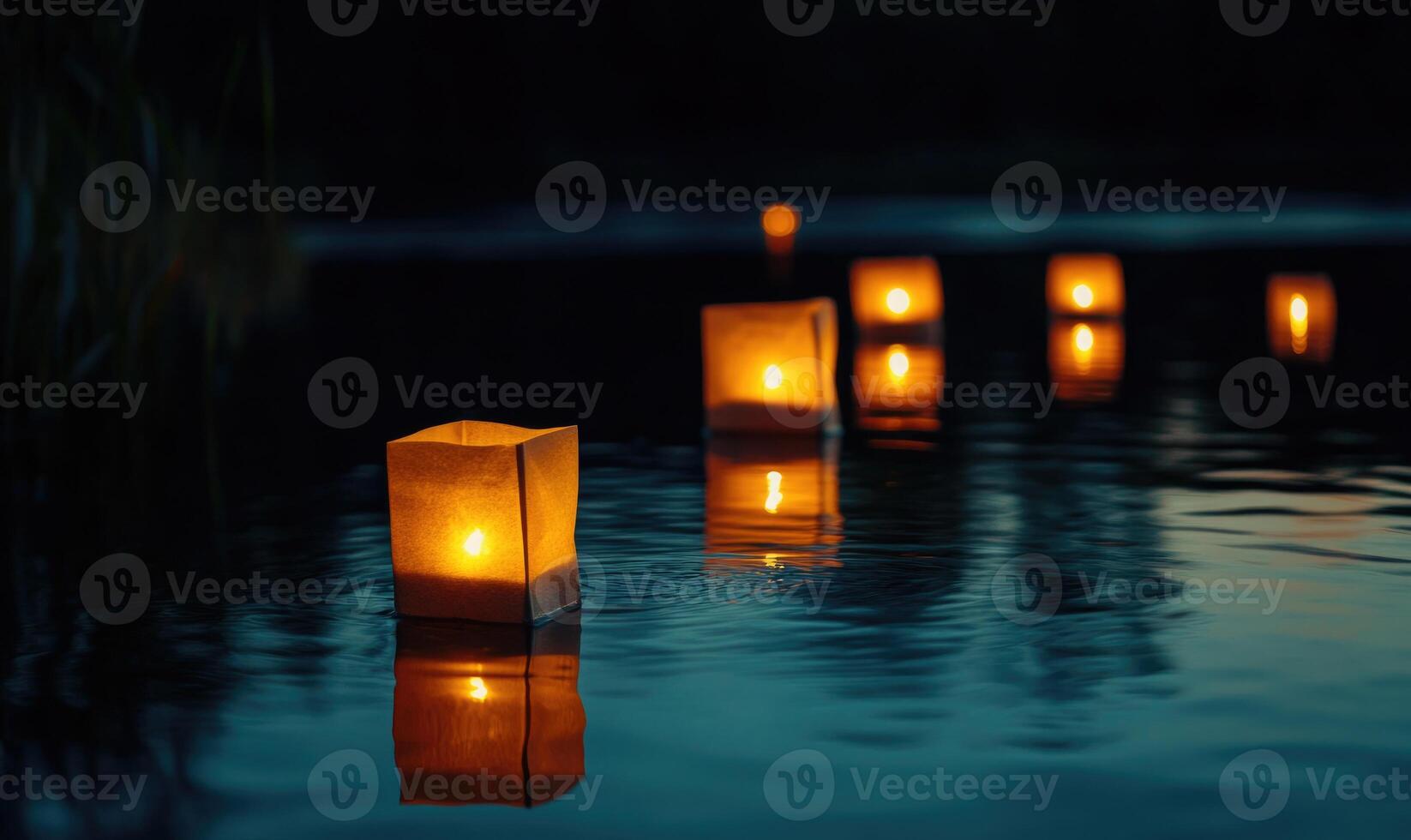 Multiple floating lanterns glowing brightly on a dark river photo