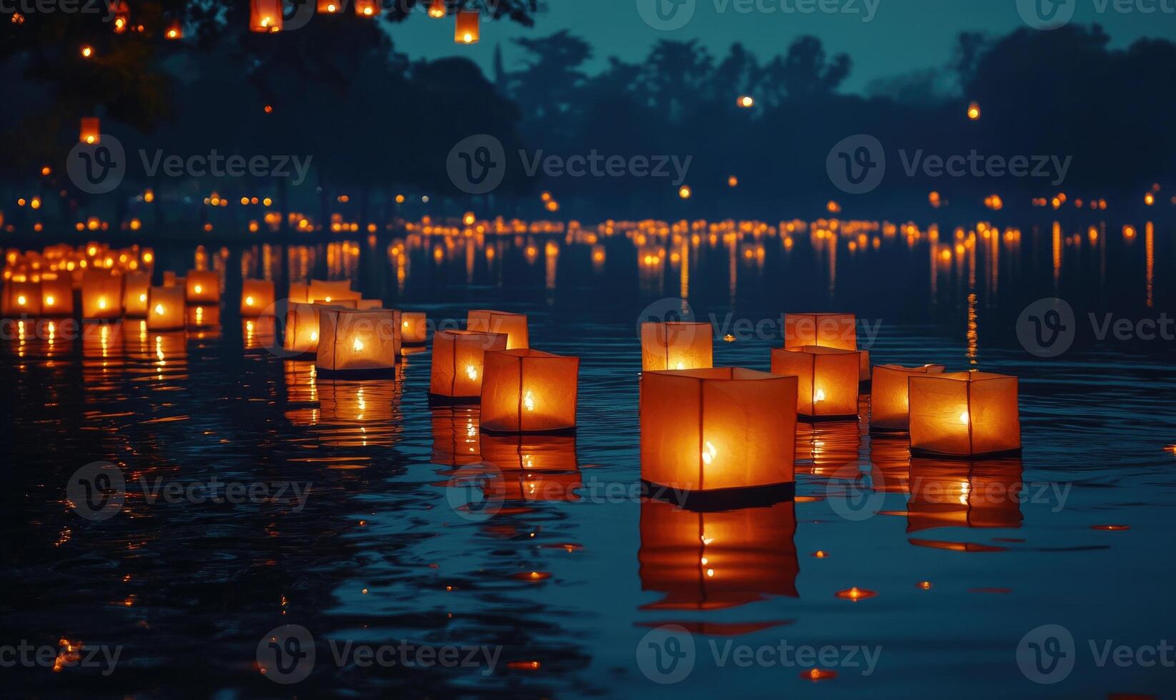 Multiple floating lanterns glowing brightly on a dark river photo