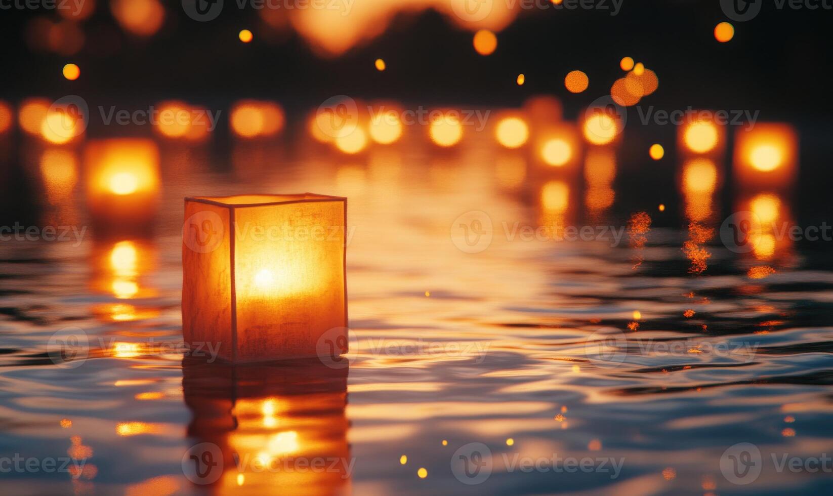 Multiple floating lanterns glowing brightly on a dark river photo