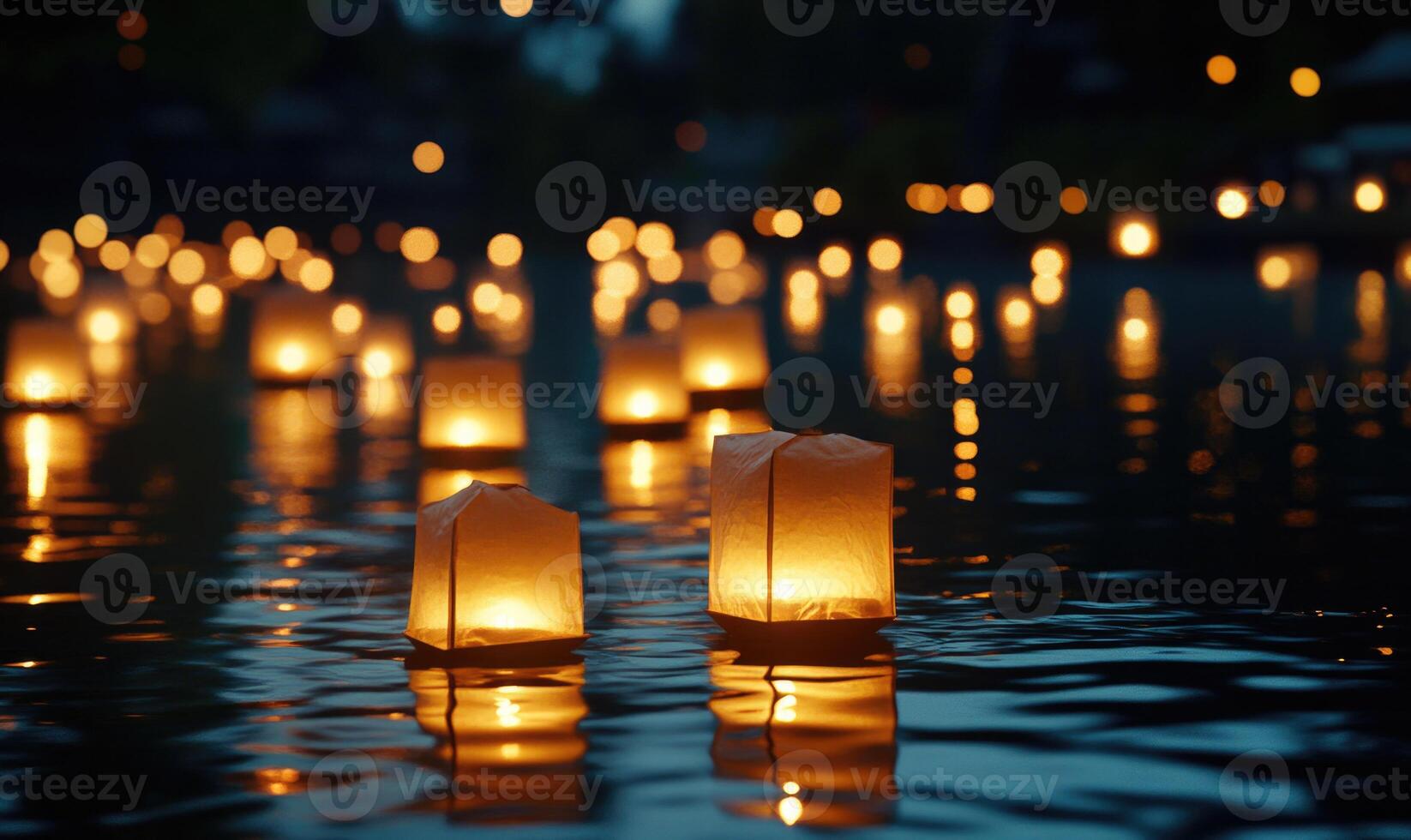 Multiple floating lanterns glowing brightly on a dark river photo