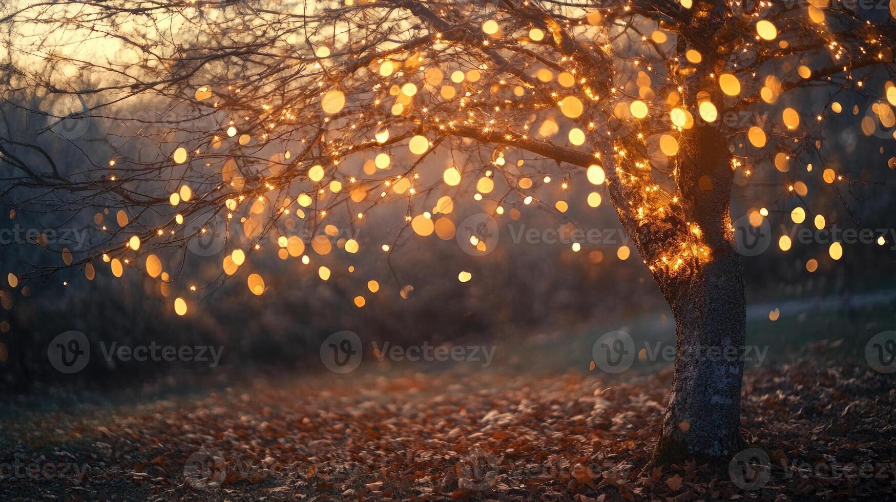Nearly bare tree covered in fairy lights, golden light glowing photo