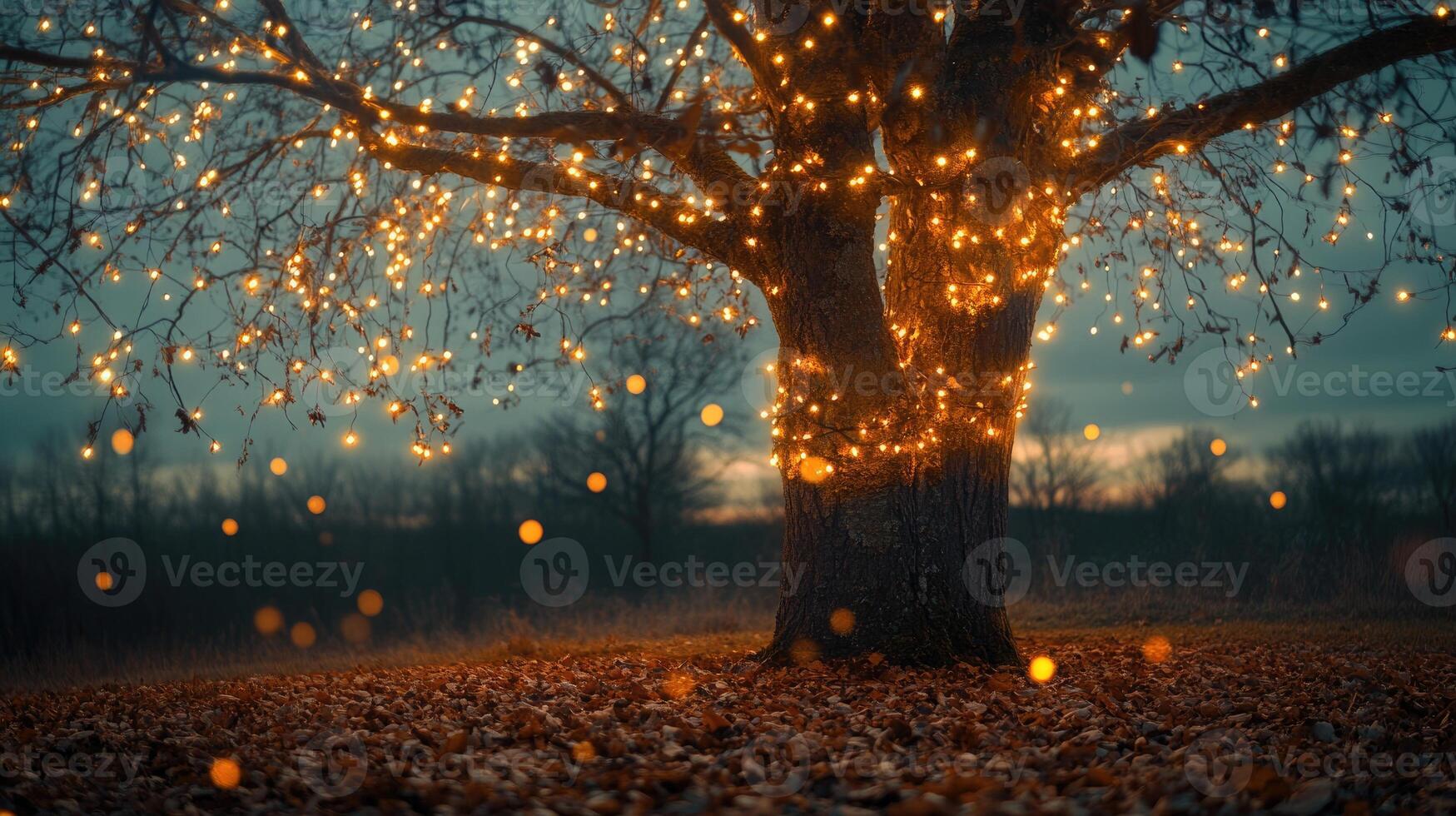 Nearly leafless tree with fairy lights glowing softly photo